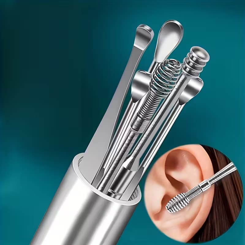 1/2/3 Conjunto De 6 Ferramenta De Limpeza De Ouvido em Aço Inoxidável Design de Colher Espiral Portátil com Chaveiro