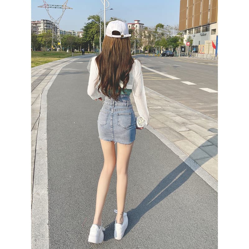 Saia jeans alta de cor clara saia feminina linha elástica saia Skinny saia jeans saia quadril 12.12