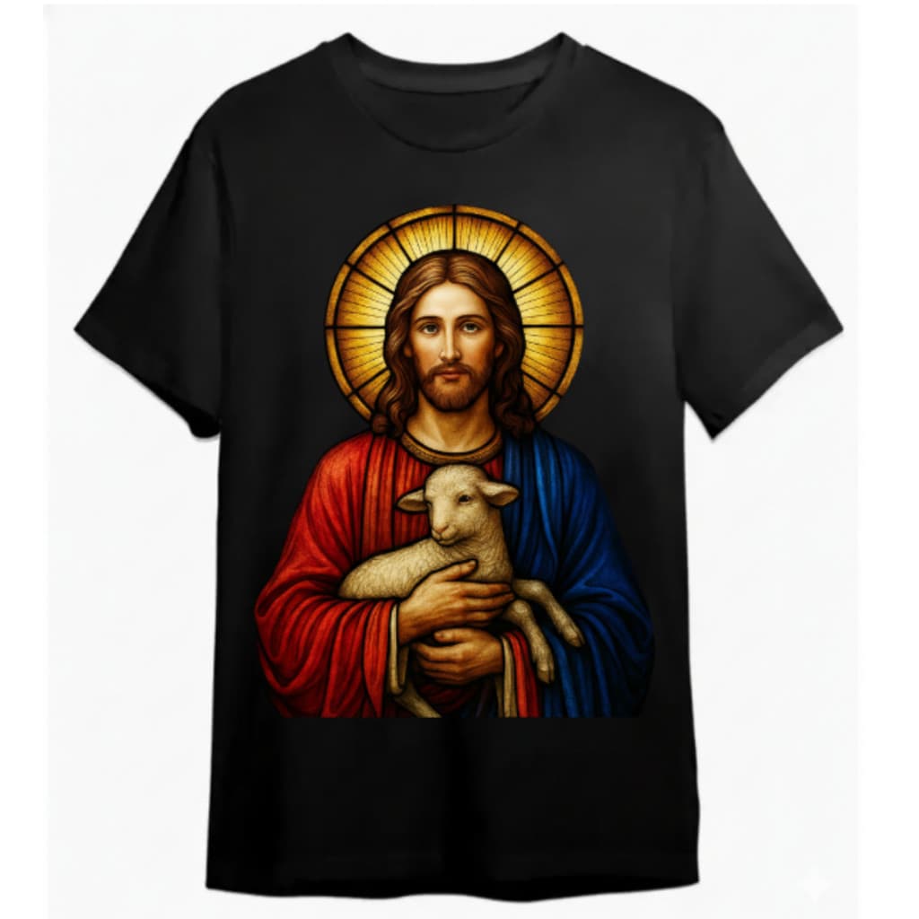 Camiseta Religiosa Masculina De Algodão Puro, Modelagem Folgada, Com Estampa De Jesus Segurando O Cordeiro