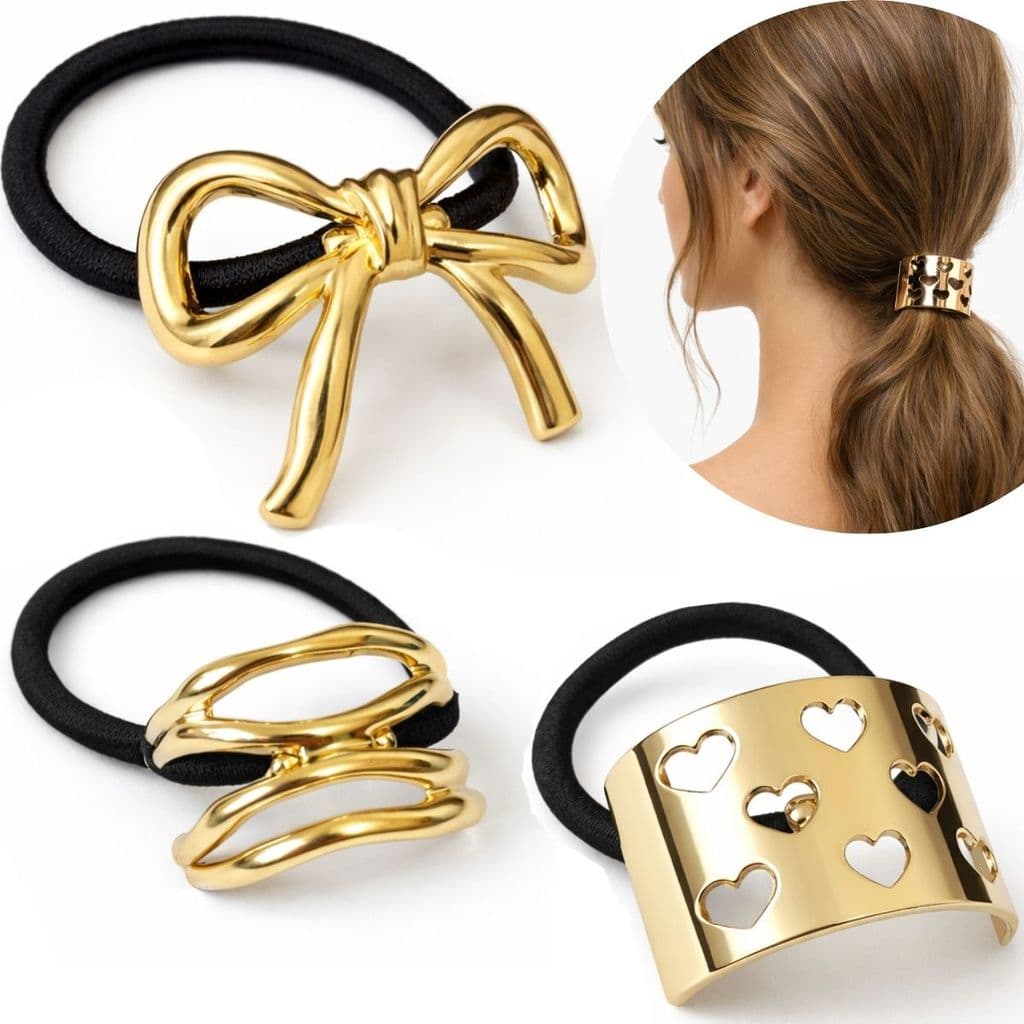 Kit 3 Xuxinha De Cabelo Metal Luxo Prendedor Elástico Laço Coração