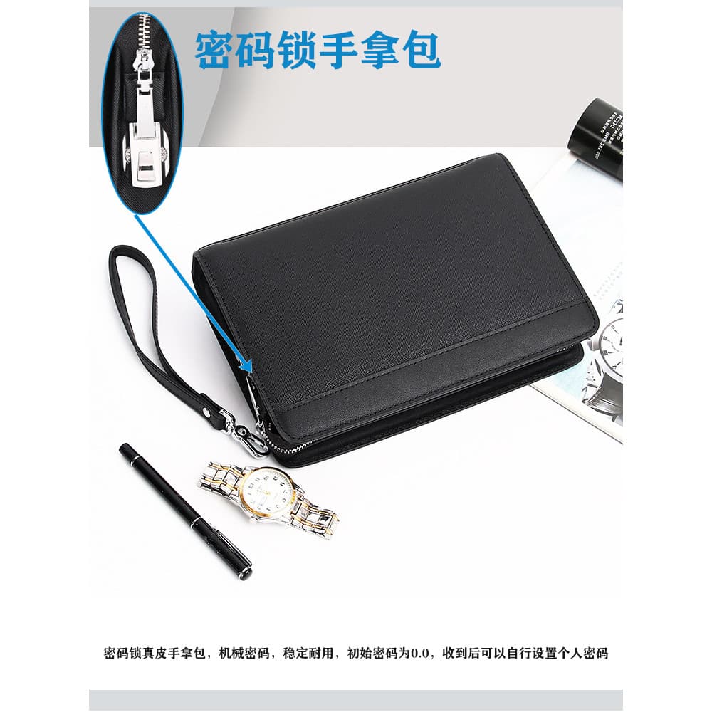 Bolsa de embreagem de couro genuíno com trava de combinação masculina, bolsa de clipe de moda, grande capacidade, primei