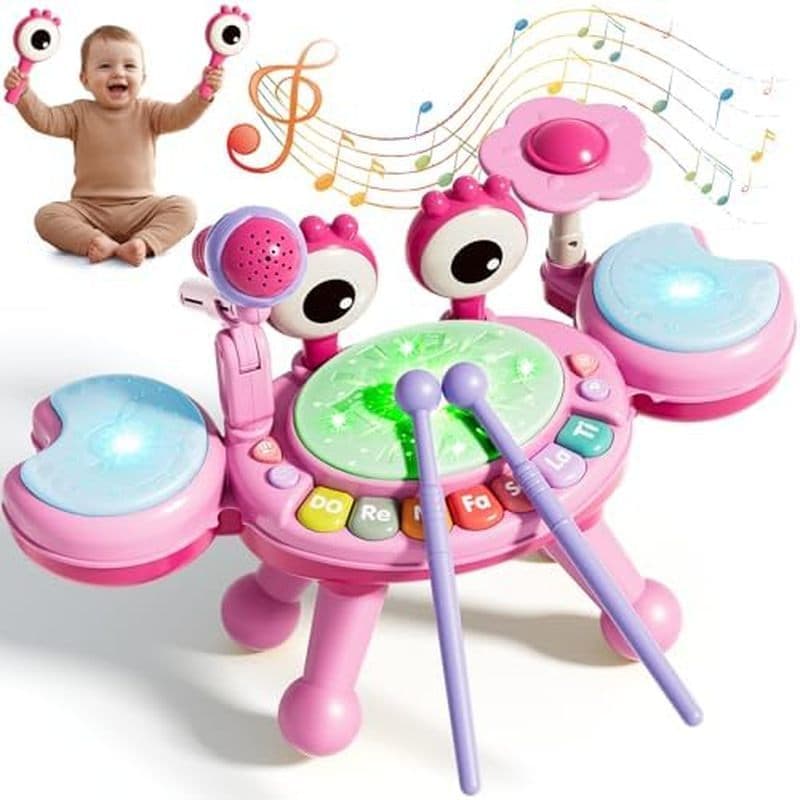 er Conjunto De Bateria Para Crianças De 1 A 3 Anos , Bebê Ano Com Microfone Iluminado , Instrumentos Musicais Brinquedos