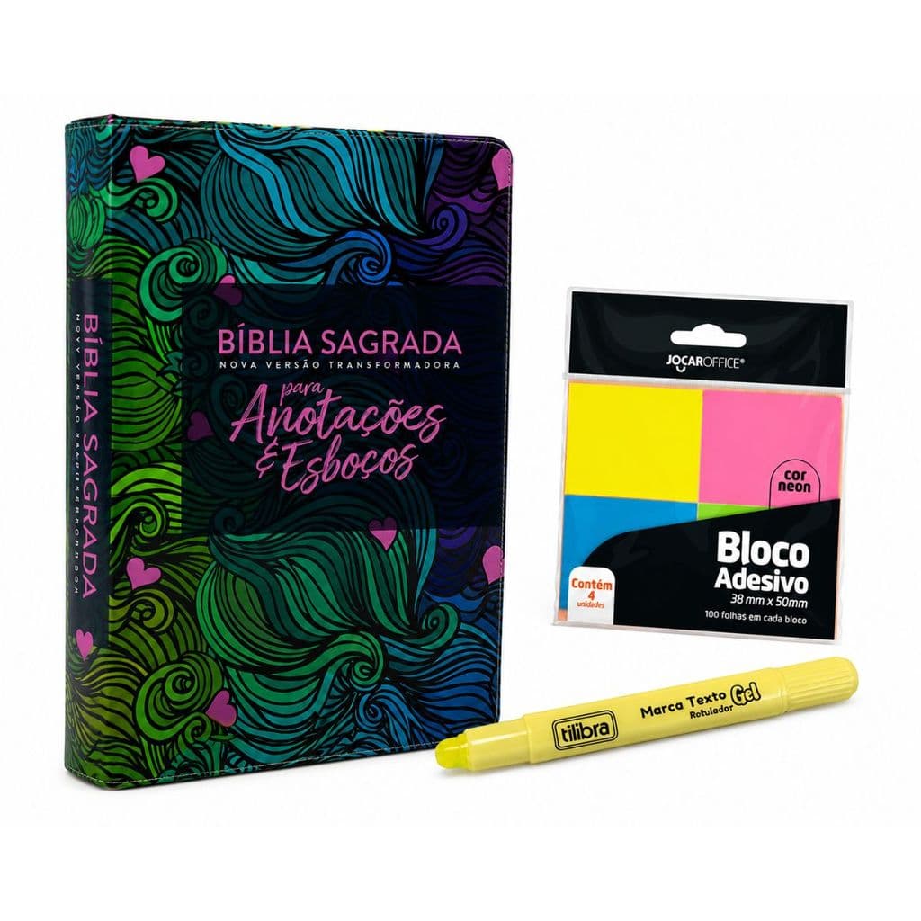 Kit Bíblia Anotações NVT + Bloco Adesivo + Marca Texto