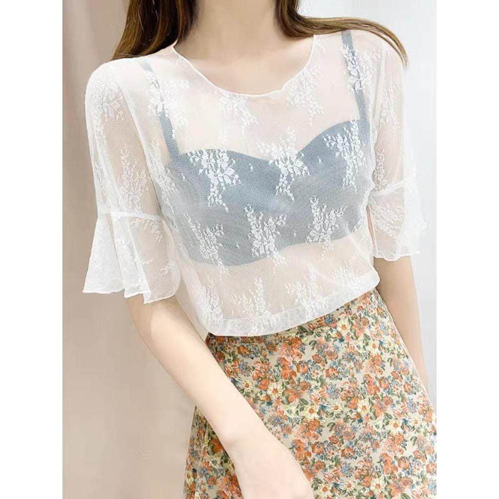 Camisa de camadas de renda feminina verão Suspender saia interior de manga curta camiseta meia manga gaze blusa exterior