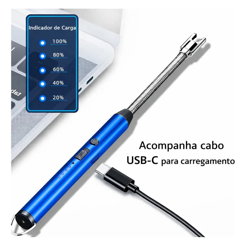 Acendedor Eletrônico Fogão Velas Flexível Recarregável Usb C Azul