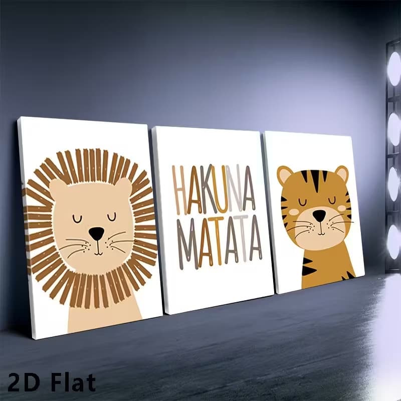 Quadro Decorativo Leão Tigre e Hakuna Matata Trio Infantil
