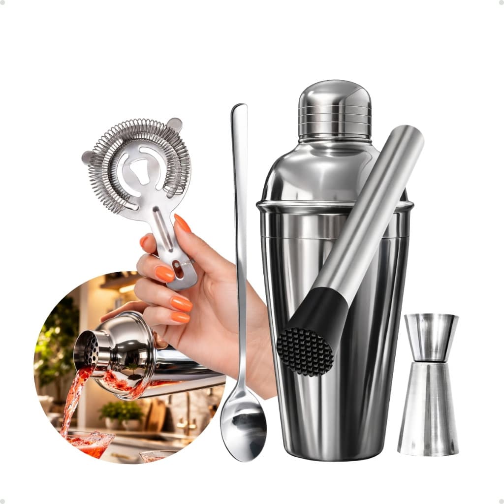 Kit Caipirinha Profissional Coqueteleira 500 Ml Barman Inox Coador Strainer Socador Dosador Colher