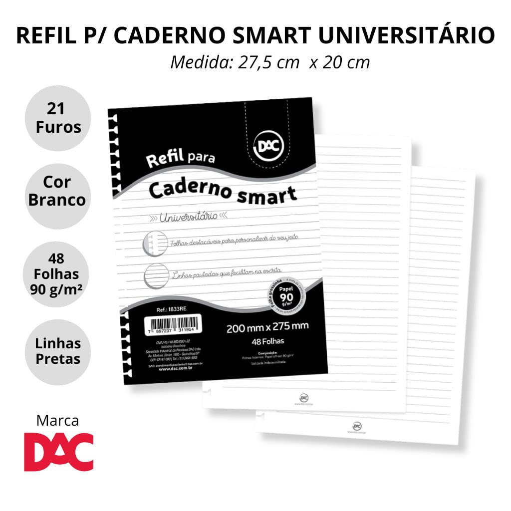 Refil de Folhas Reposicionável para Caderno Smart Universitário Branco - DAC