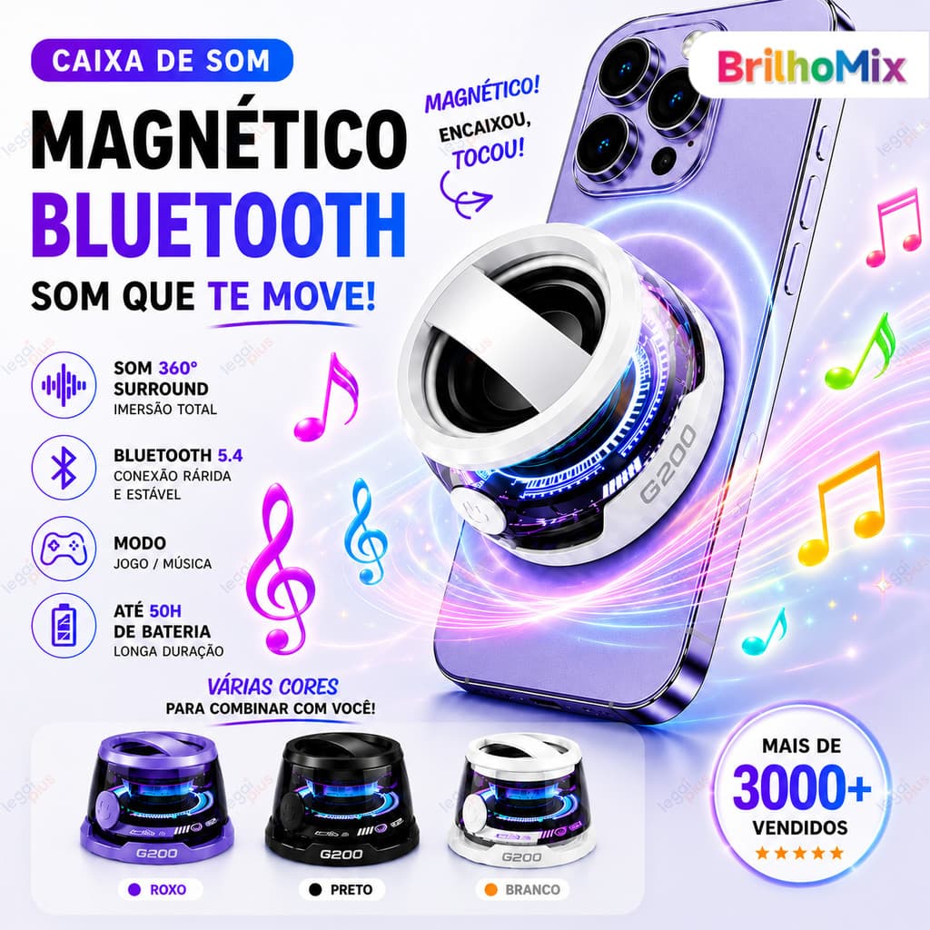 Caixa de Som LED Bluetooth Magnética – Mini Speaker RGB, Portátil, À Prova d’Água