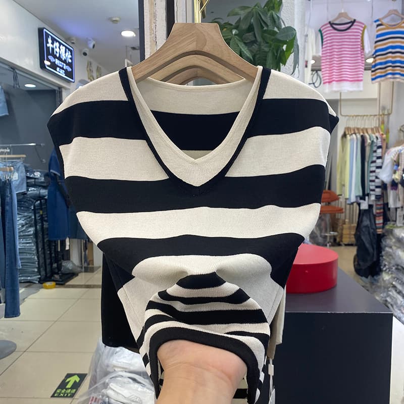 Tamanho grande gordura MM listrado gelo seda manga curta camiseta feminina verão solto mais magro olhar estilo ocidental