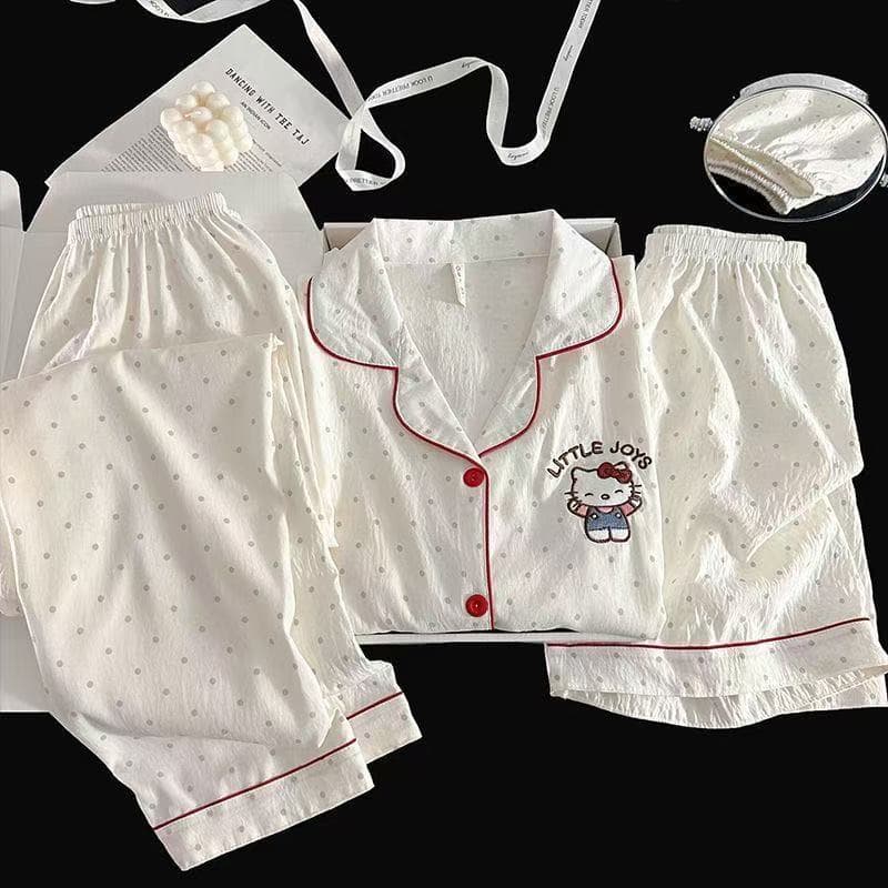 Hello Kitty 3 Peças Em 1 Conjunto De Pijama De Algodão Nuvem Feminino Manga Curta + Shorts + Calças Compridas