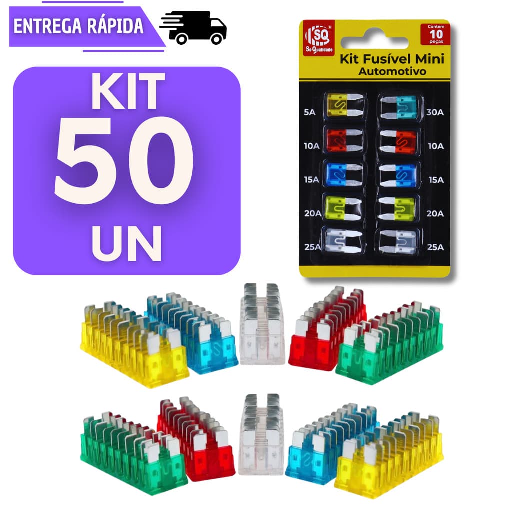 Cartela 50 Fusiveis Lâmina Automotivo Mini 5A 10A 15A 20A 25A Proteção Veicular Para Carro Moto Fusivel Bateria