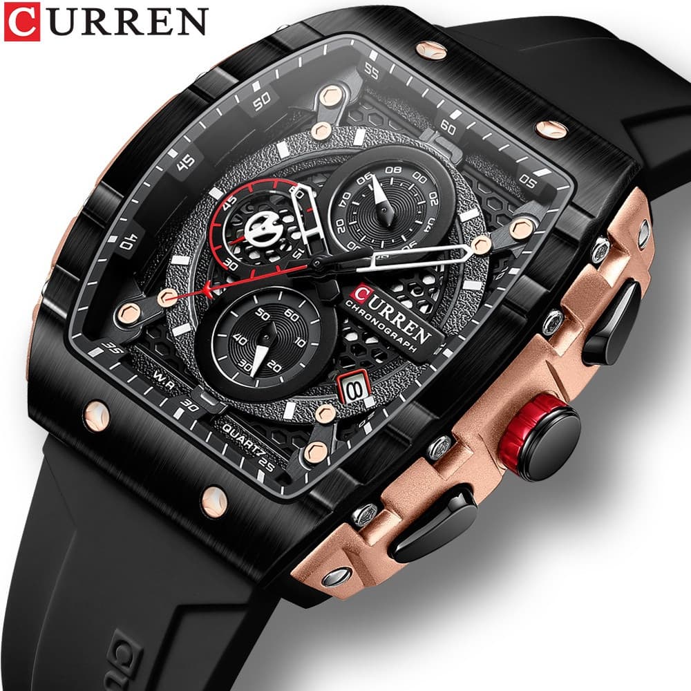 Relógio Cronógrafo Retro CURREN Original, Marca de Topo, Pulseira de Silicone, Estilo Casual Militar Esportivo, Quartzo,