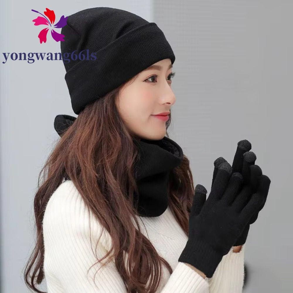 YONGWANG Conjunto De 3 Luvas De Cachecol De Chapéu , Malha De Babador De Cor Sólida , Gorro De Virilha De Lã Quente Para