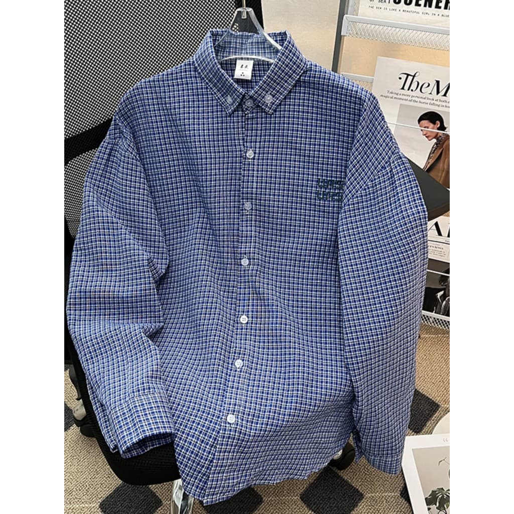 Retro vintage azul xadrez camisa masculina na moda americano bordado camisa primavera outono solto jaqueta Casual