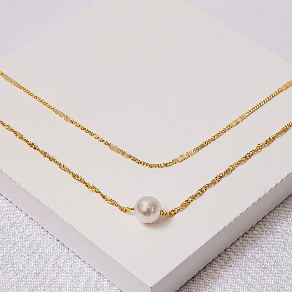 Kit Feminino 2 Colares Elo Fino com Chapinhas e Singapura com Pérola