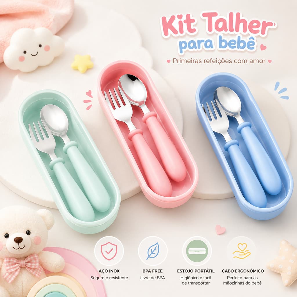 Kit Talher Infantil Aço Inoxidável Com Estojo Portátil