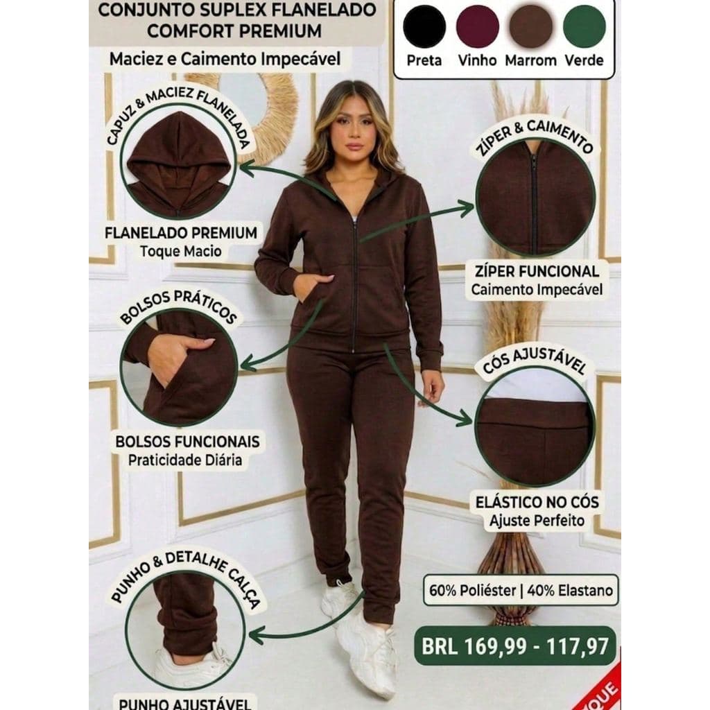 Conjunto Suplex Flanelado Comfort Premium Calça e Blusa Capuz Zíper e Bolso Moda Outono-Inverno Casual-Chique Vários