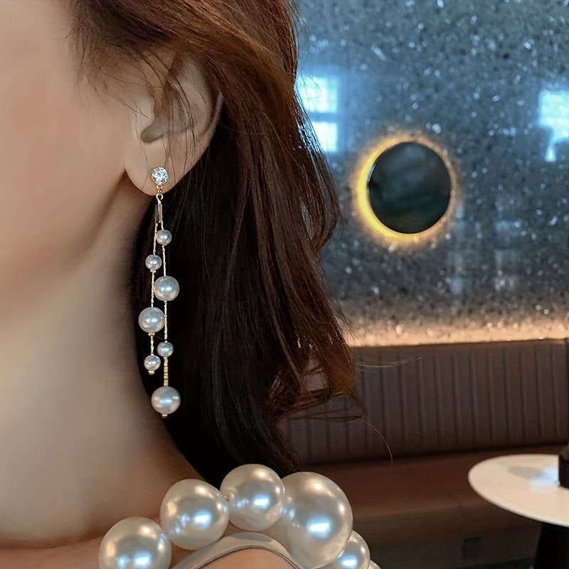Elegantes Brincos de Pérolas Falsas com Franjas Longas para Meninas, Acessórios Decorativos