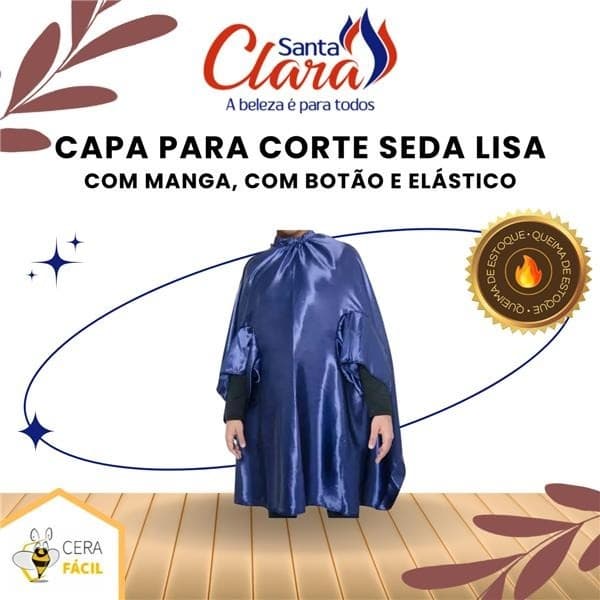 Capa De Corte Seda Lisa Com Manga Botão e Elástico Azul