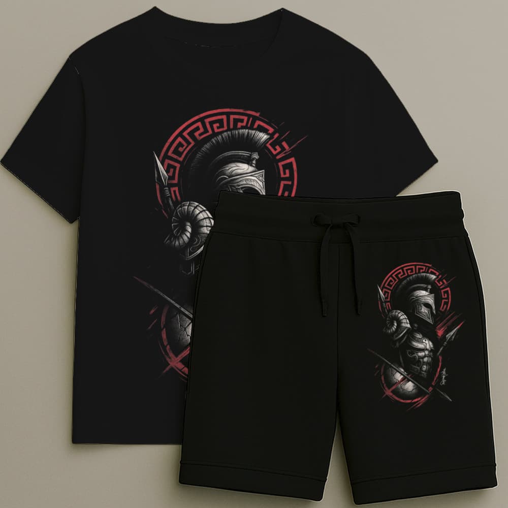 Kit Camiseta Básica 100% Algodão Fio 30.1 + Bermuda Tactel Alta Qualidade Estampa Espartanos DTF