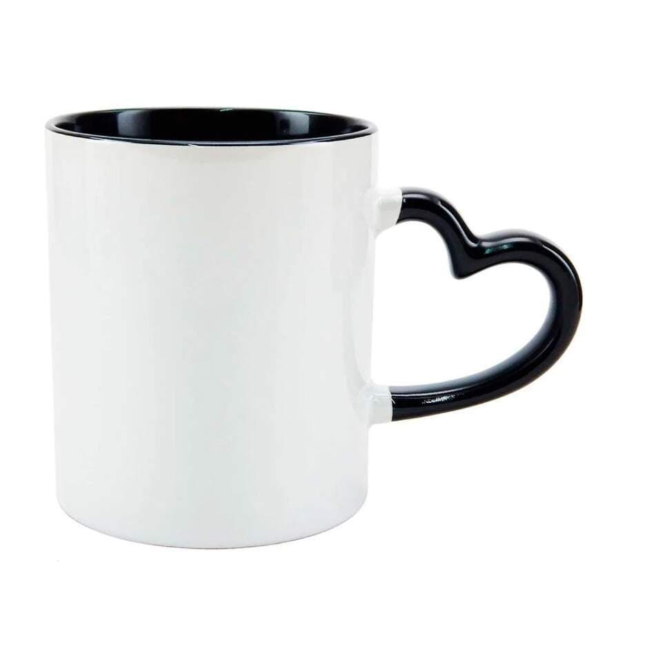 Caneca de Cerâmica com Interior e Alça Coração Preto para Sublimação - 325ml