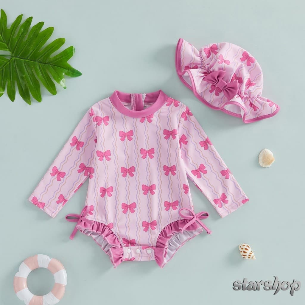 Starshop-Maiô Para Meninas De Manga Comprida Com Estampa De Laço E Chapéu , Roupa De Banho Recém-Nascidos De Verão