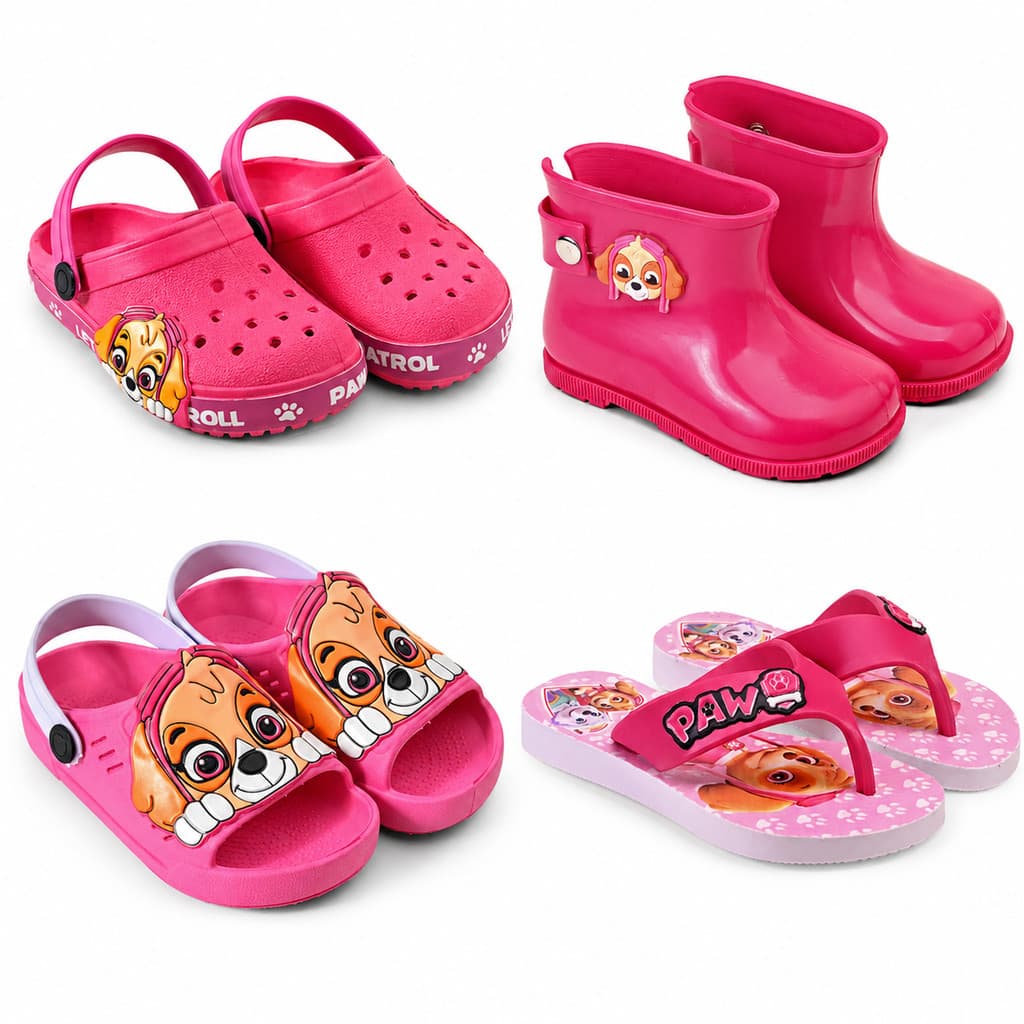 Kit 4 Pares Babuche Infantil + Bota Galocha + Sandália Papete + Chinelo Menina Patrulha Marca Nexa