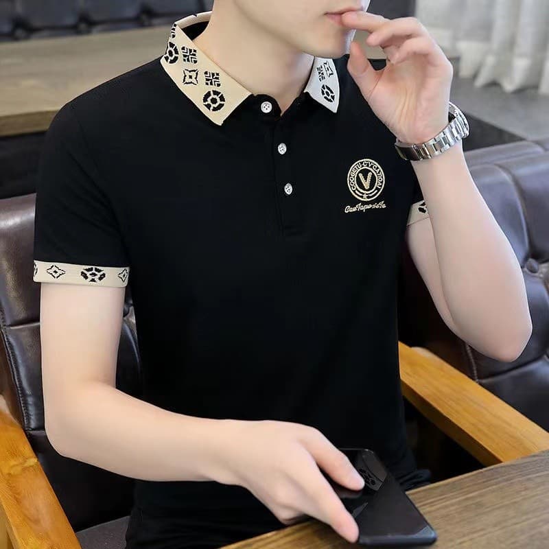 Camisa POLO bordada de verão masculina de manga curta camiseta Paul lapela gola versão coreana Slim-fit Casual meia mang