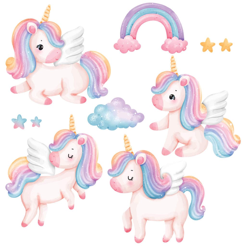 Adesivo de Parede Infantil Unicórnios Aquarela - 27 adesivos