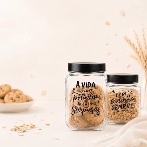 Kit 2 Potes Vidro Hermético 730/500ml Decorado Biscoito Café Transparente
