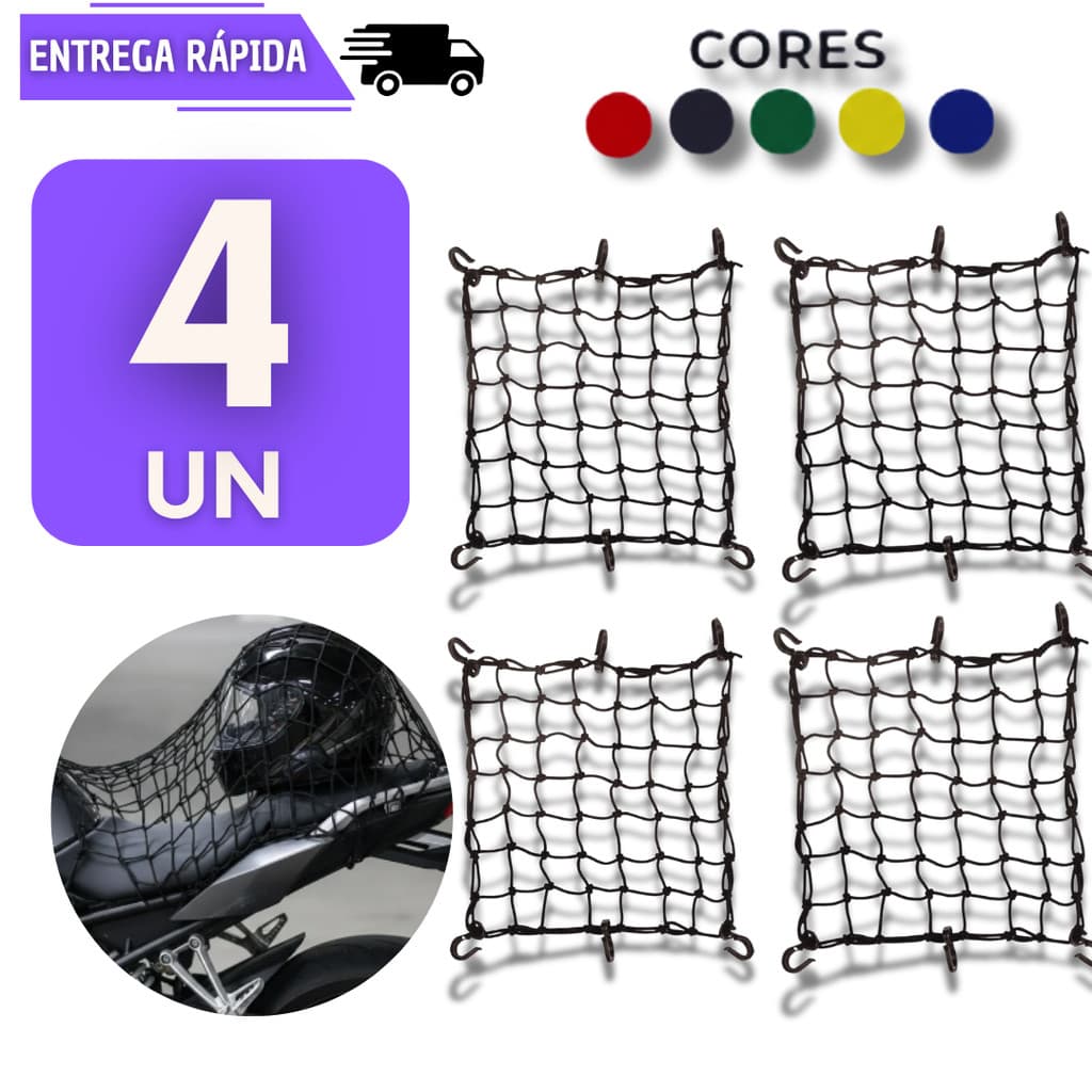 Conjunto 4 Redes Elastica Para Moto Capacete Bike Tipo Aranha 6 Ganchos Redinha Acessório Rede Prender Bicicleta Rede