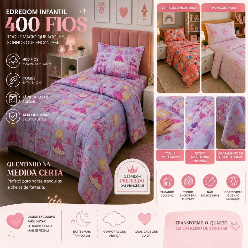 Edredom Cama Solteiro Dupla Face Infantil Diversas Estampas Meninas