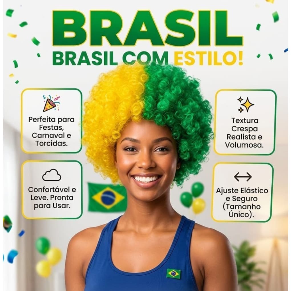 Peruca Black Power Brasil Verde Amarela Torcida Copa do Mundo