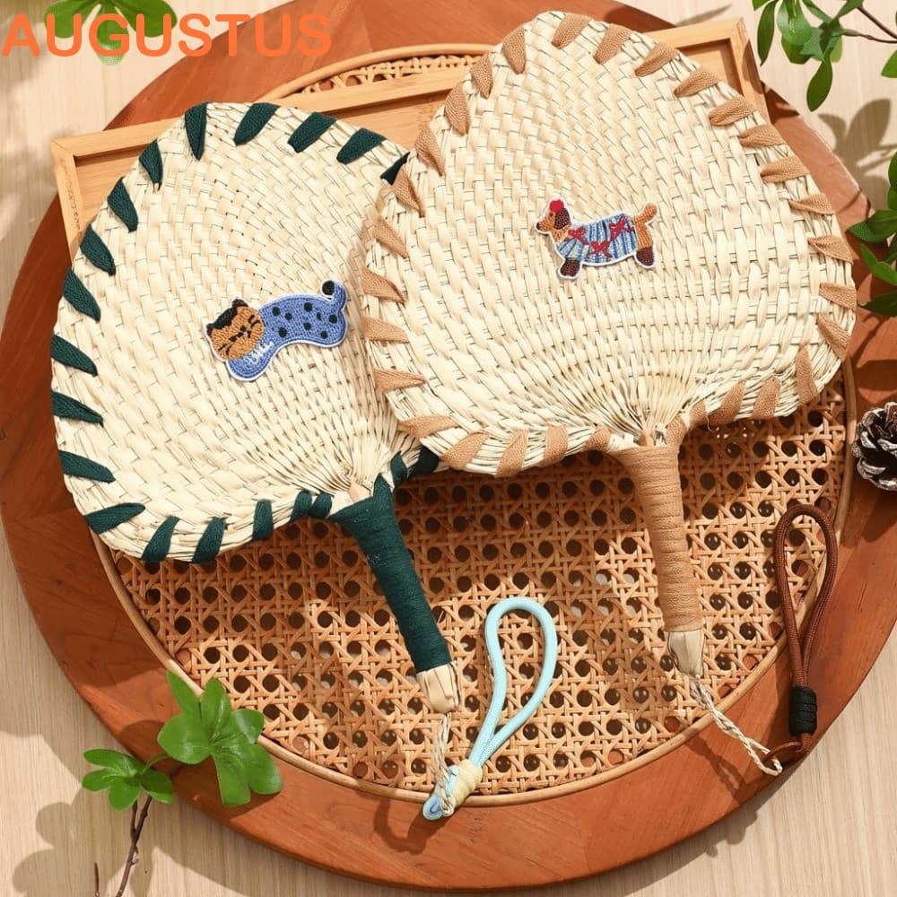 Ventilador Tecido De Palha AUGUSTUS , Remendos Bordados Feitos À Mão , Com Manivela Decorativo Suspenso De Desenho Anima