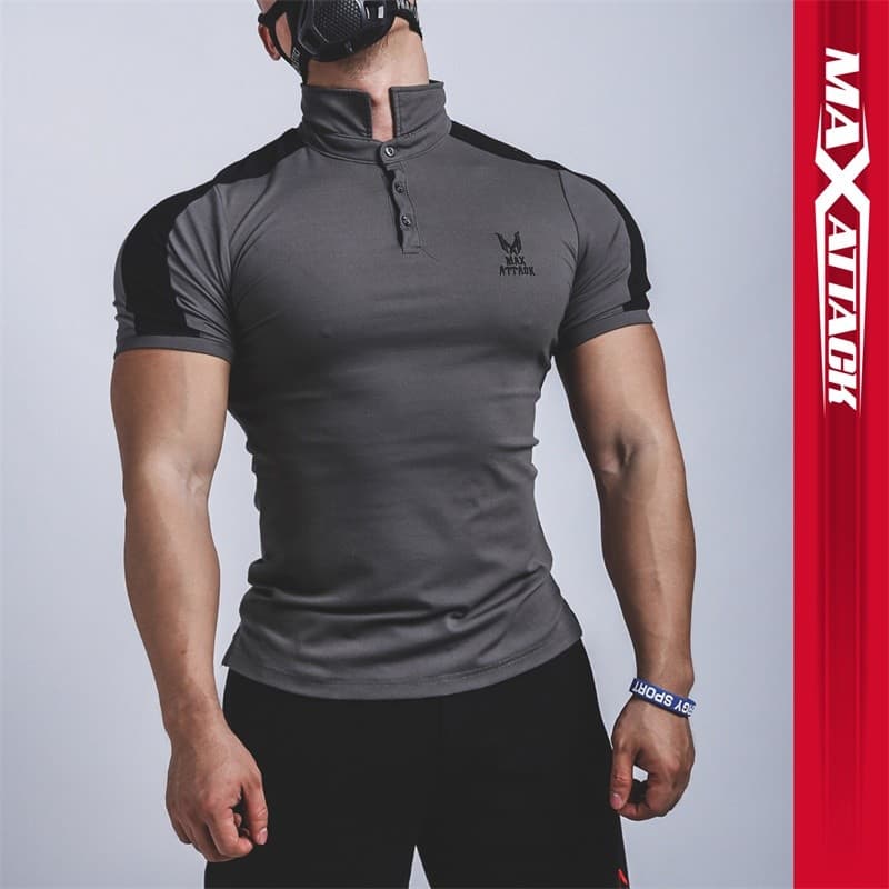 Camisa POLO esportiva muscular masculina irmão de secagem rápida apertado macacão de treinamento de manga curta correndo