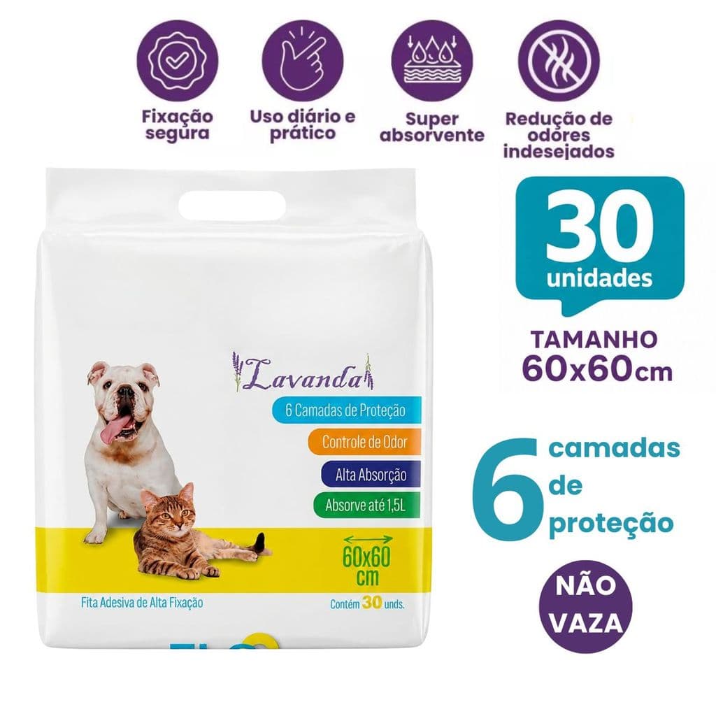 Tapete Higiênico Para Pet 6 Camadas de Proteção 30 Unidades 60x60Cm