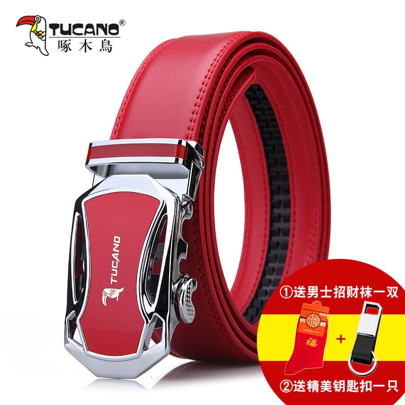 Novo pica-pau cinto vermelho masculino couro genuíno Benming ano fivela automática cinto moda masculina calças vermelhas