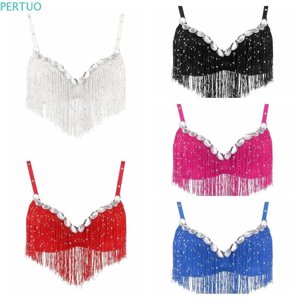 PERTUO Halter Top Sutiã De Dança Do Ventre , Com Strass De Lantejoulas , Traje De Desempenho Borla