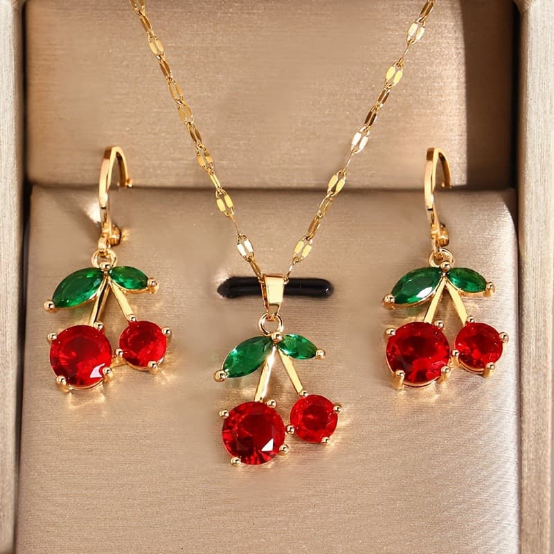 Lindo Conjunto de Colar, Pingente e Brincos em Vermelho Cereja, Joias de Metal Exquisitas e Delicadas, Presente de Luxo