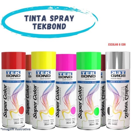 Tinta spray Super Color Tekbond 350ml, aerossol, para metal, madeira,ceramica,gesso, fluorescente, metálica, uso geral