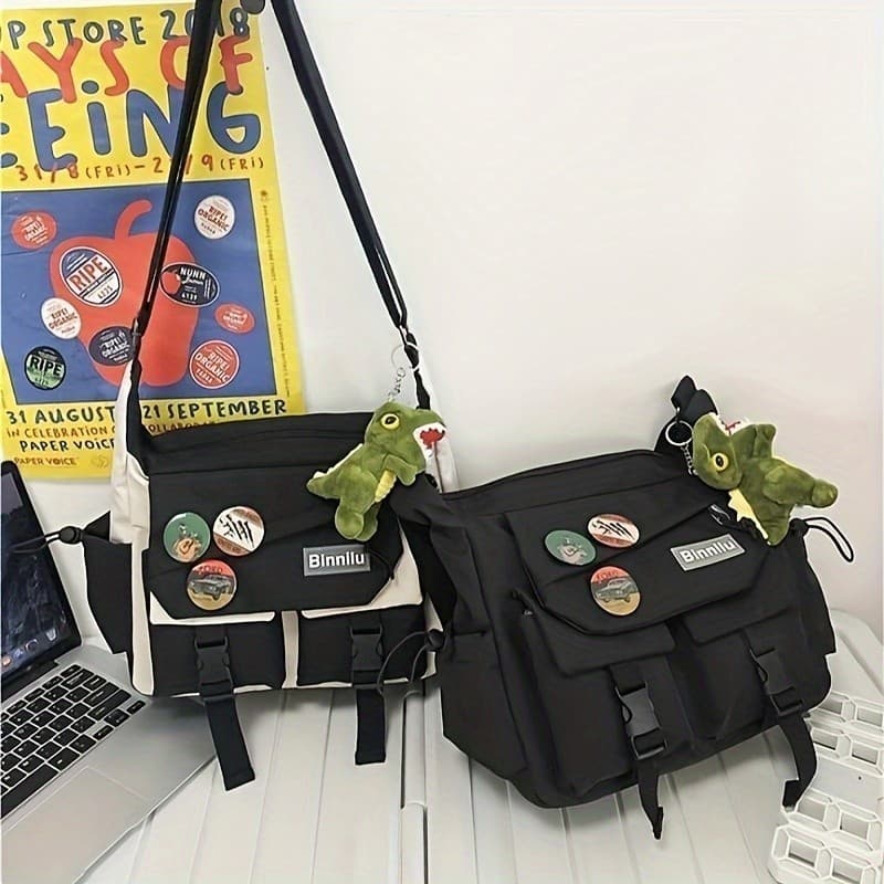 Bolsa Transversal Unissex De Grande Capacidade Mochila De Ombro Em Canvas Para Estudantes Presente de Broche