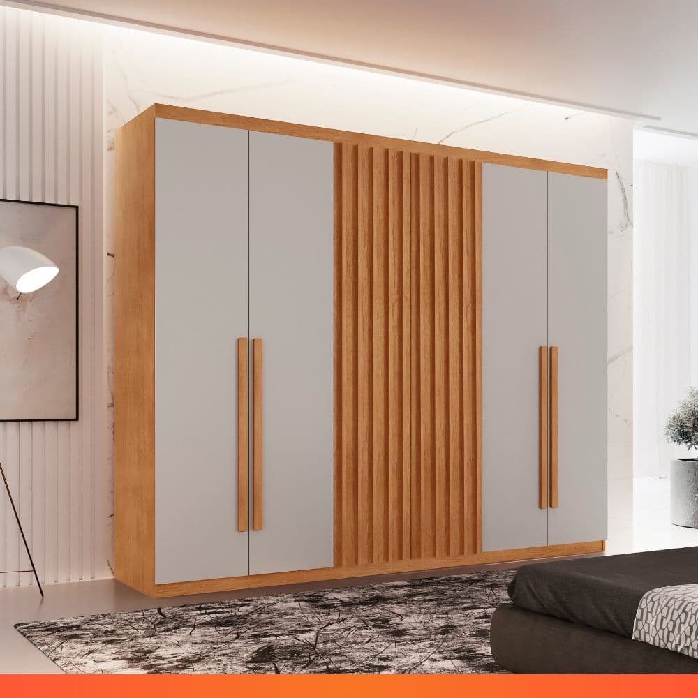 Guarda Roupa Casal Denver Rufato 100% MDF Ripado 4 Gavetas 6 Portas 220cm - Naturale/Off-white