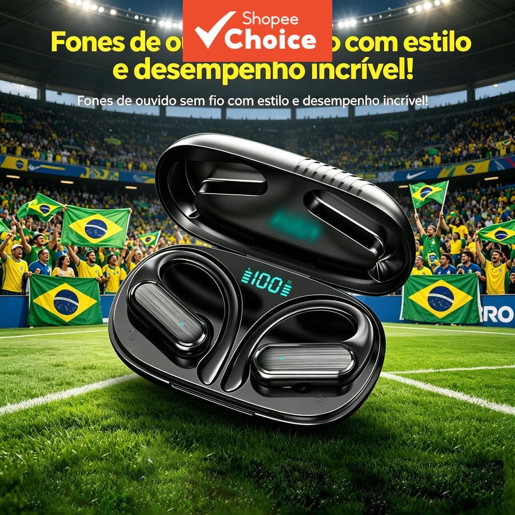 Fones de Ouvido Esportivos TWS com Gancho de Orelha, Estojo de Carregamento com Display LED Bluetooth 5.3, Fones de