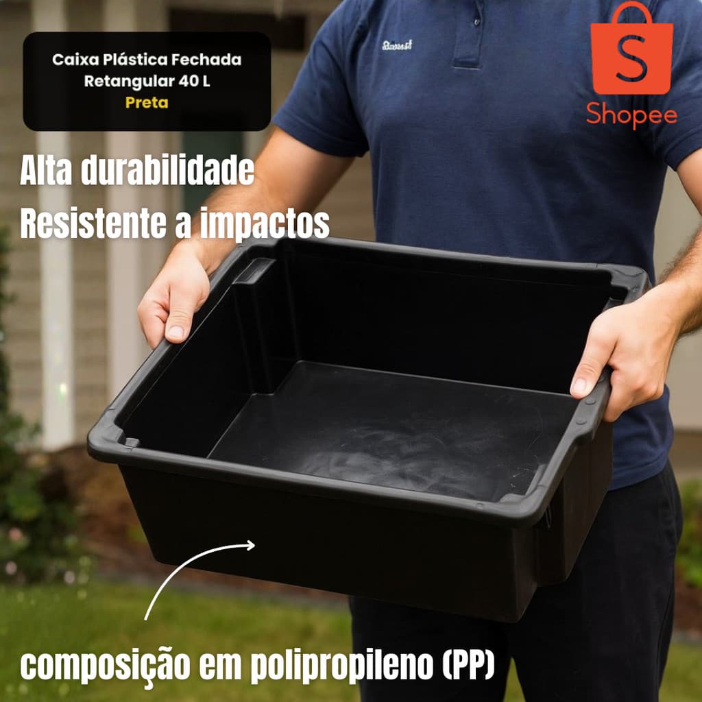 Organizador Plastico Capacidade 40 Litros Preto Porta Objetos Armazenamento Resistente