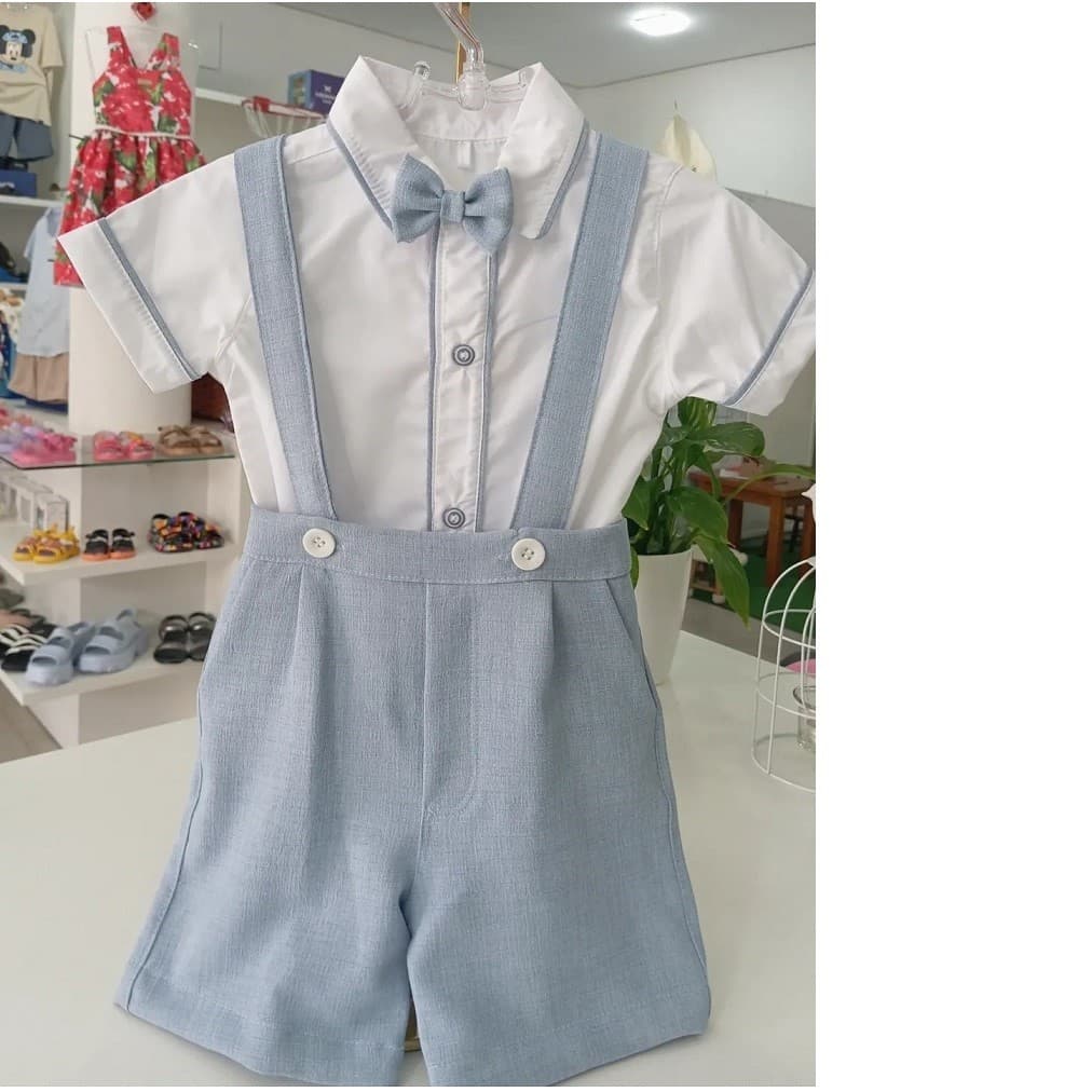 Conjunto Menino Social shorts Suspensório  Batizado e festas
