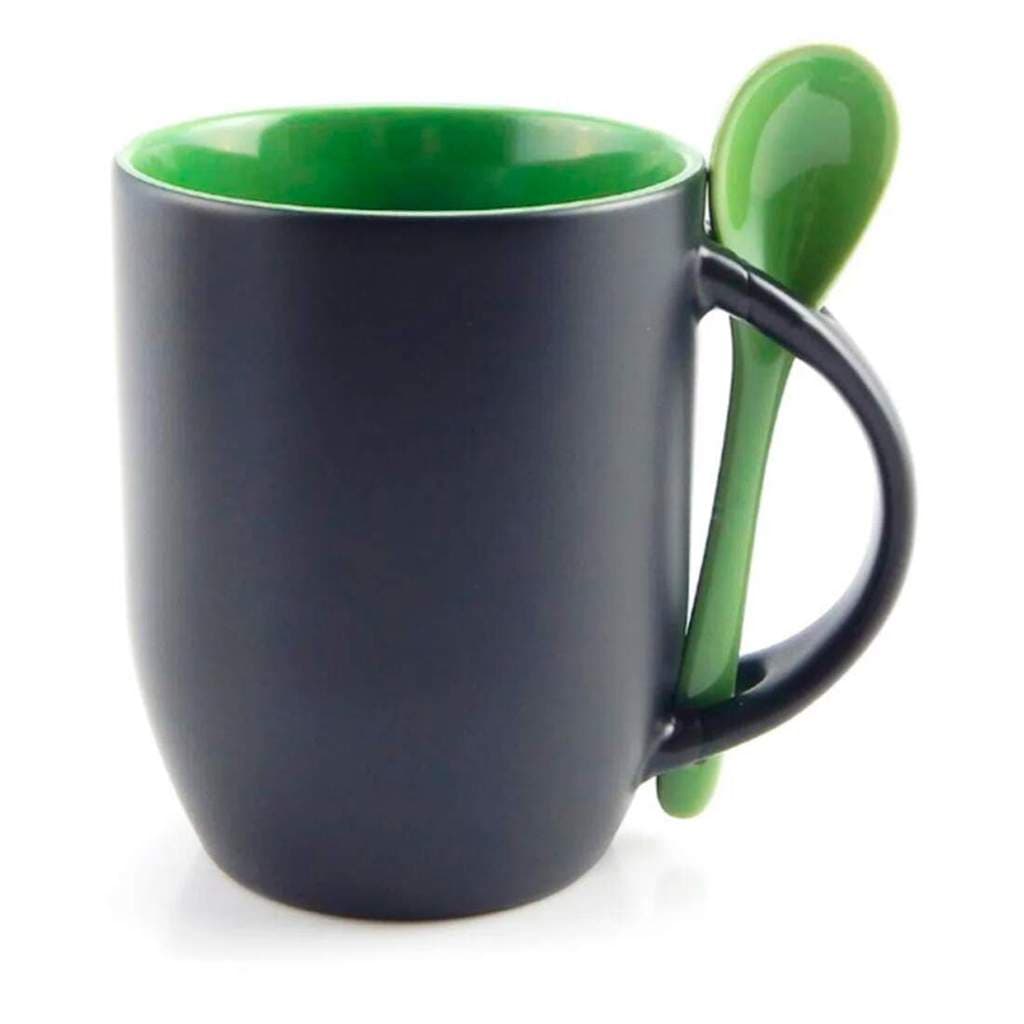 Caneca de Cerâmica Mágica Preto Fosco com Interior e Colher Verde para Sublimação - 325ml
