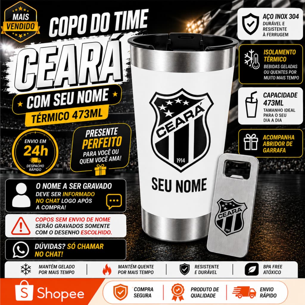 Copo Térmico Ceará BRANCO VOZÃO Personalizado Inox 473ml com Nome Tampa e Abridor Laser ENVIO 24H