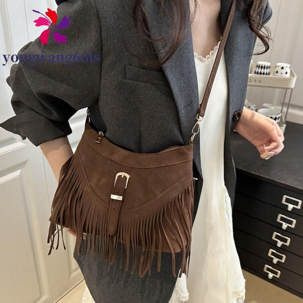 Bolsa De Ombro Com Borla YONGWANG , Camurça De Couro PU Estilo Coreano , Fivela Zíper , Pacotes De Axilas De Cor Sólida