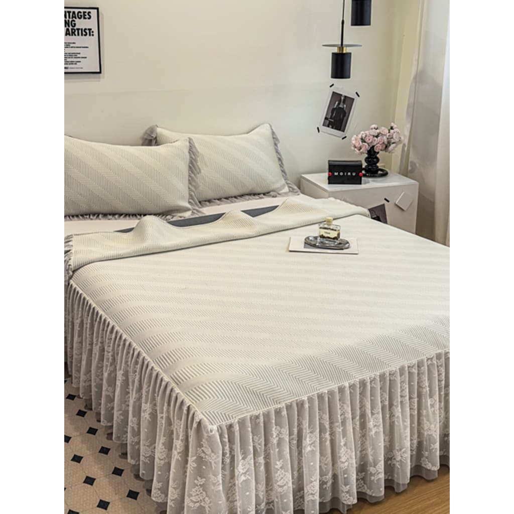 Langsha estilo princesa saia de cama de renda estilo ervilhas de gelo seda legal tapete conjunto de três peças lavável à